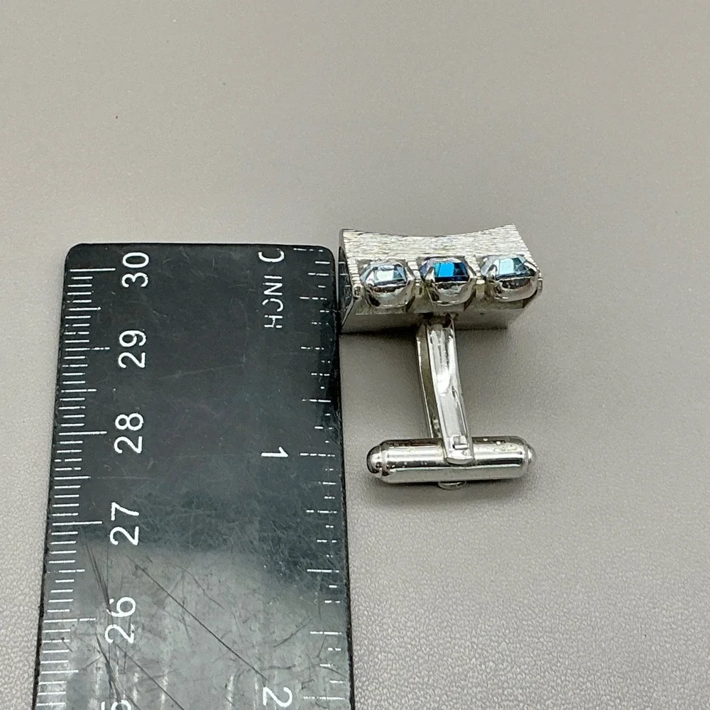 Vintage Blue Rhinestone Silver Tone Cufflinks Mid Century Modern Formal Mens